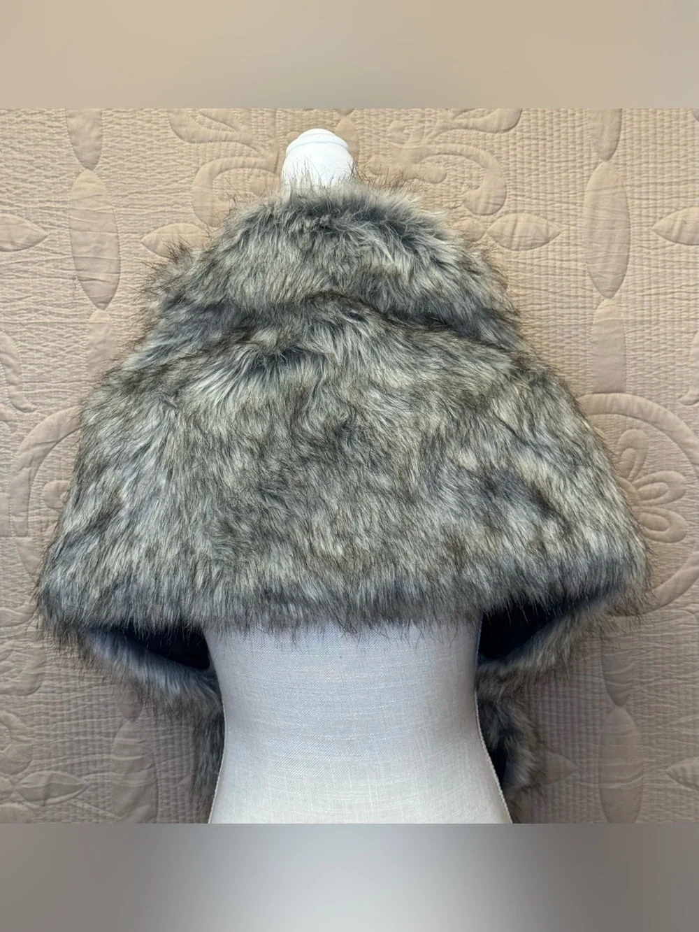 Clmmeiyuan Lux Shawl Collar Wrap in Grey and Black-Tipped Faux Fur
